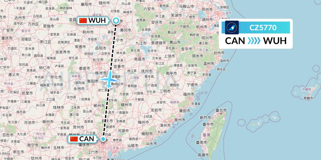 CZ5770 China Southern Airlines Flight Map: Guangzhou to Wuhan