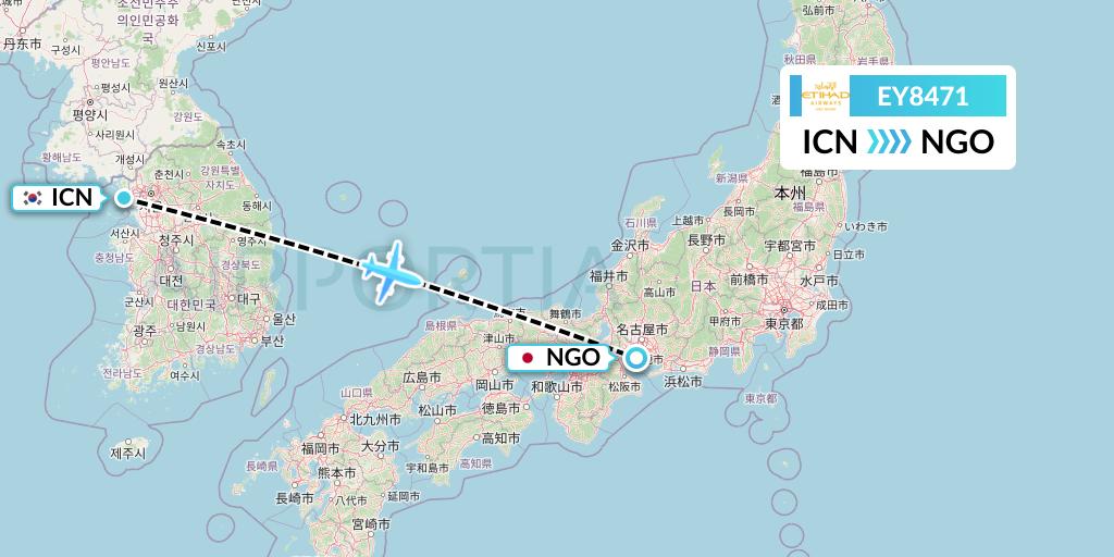 EY8471 Etihad Airways Flight Map: Seoul to Nagoya