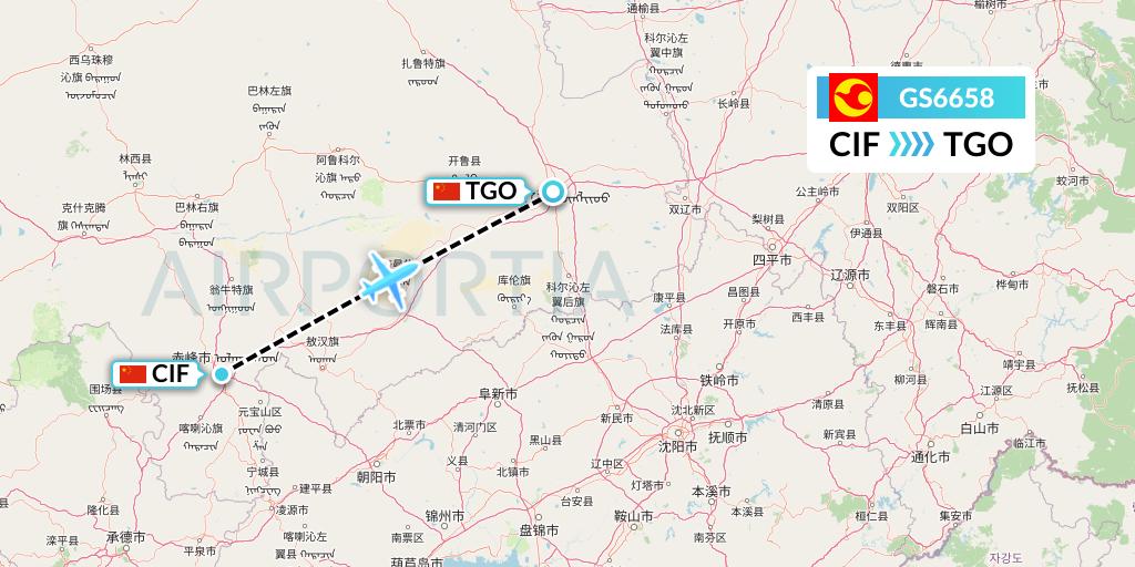 GS6658 Tianjin Airlines Flight Map: Chifeng to Tongliao