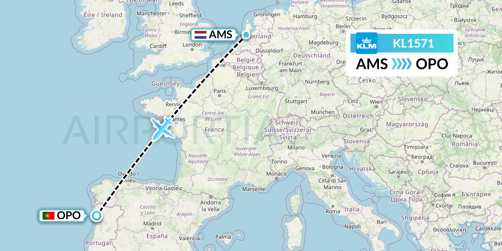 KL1571 KLM Flight Map: Amsterdam to Porto