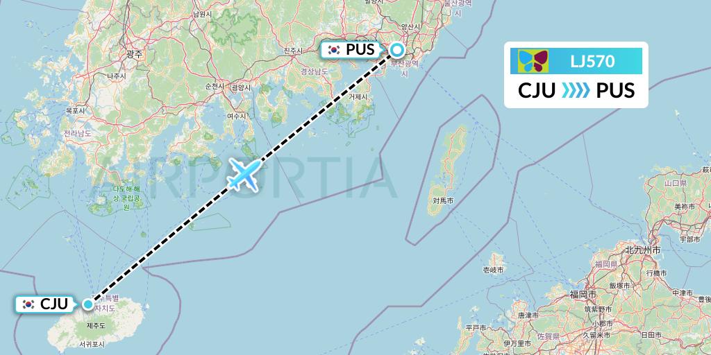 LJ570 Jin Air Flight Map: Jeju to Busan