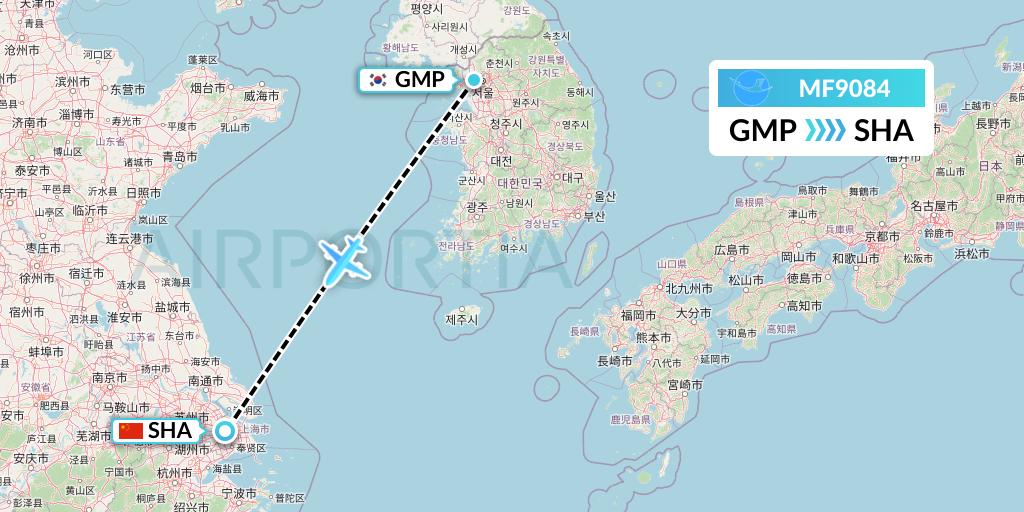 MF9084 Xiamen Airlines Flight Map: Seoul to Shanghai