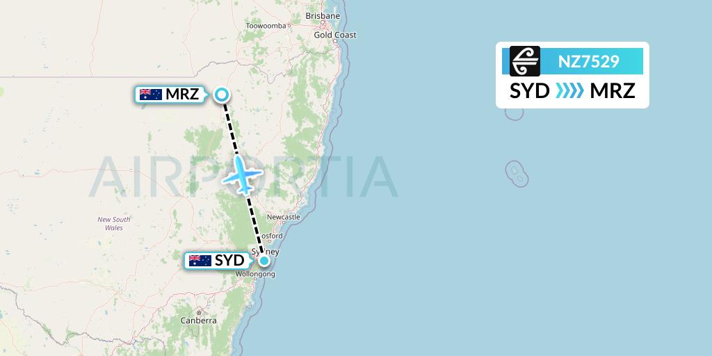 NZ7529 Air New Zealand Flight Map: Sydney to Moree