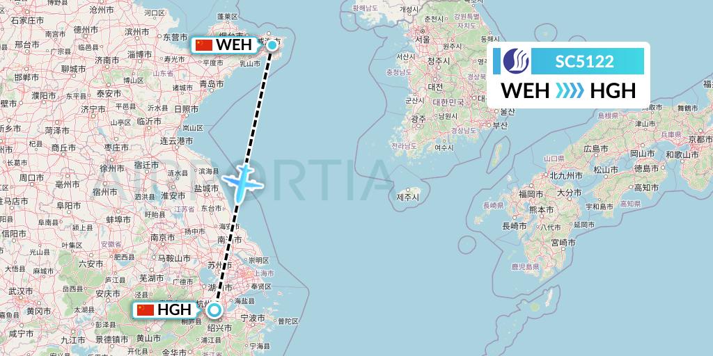 SC5122 Shandong Airlines Flight Map: Weihai to Hangzhou