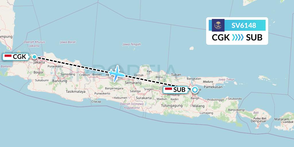SV6148 Saudi Arabian Airlines Flight Map: Jakarta to Surabaya