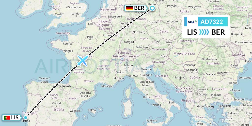 AD7322 Azul Brazilian Airlines Flight Map: Lisbon to Berlin
