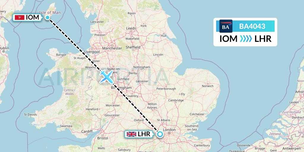 BA4043 British Airways Flight Map: Isle of Man to London