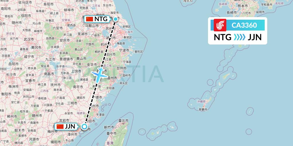 CA3360 Air China Flight Map: Nantong to Jinjiang