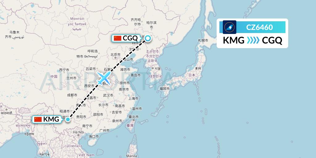 CZ6460 China Southern Airlines Flight Map: Kunming to Changchun