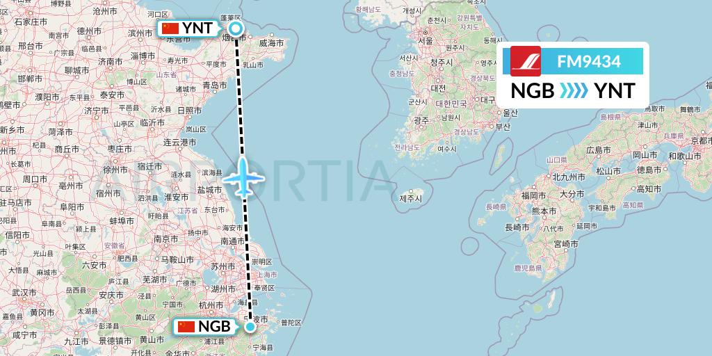 FM9434 Shanghai Airlines Flight Map: Ningbo to Yantai