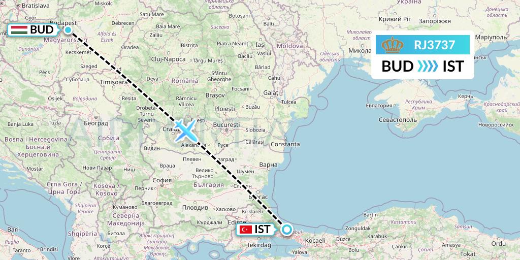 RJ3737 Royal Jordanian Flight Map: Budapest to Istanbul