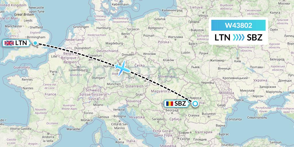 W43802 Wizz Air Malta Flight Map: London to Sibiu