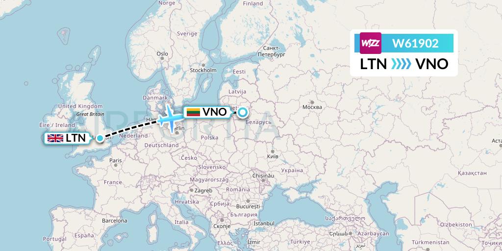 W61902 Wizz Air Flight Map: London to Vilnius
