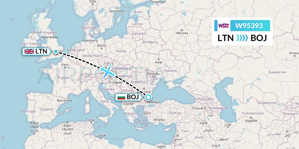 W95393 Wizz Air UK Flight Map: London to Burgas