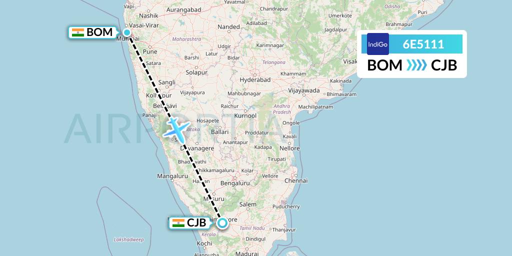 6E5111 IndiGo Airlines Flight Map: Mumbai to Coimbatore