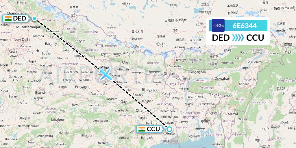 6E6344 IndiGo Airlines Flight Map: Dehradun to Kolkata