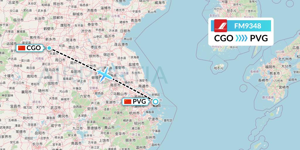 FM9348 Shanghai Airlines Flight Map: Zhengzhou to Shanghai