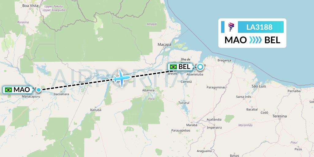 LA3188 LAN Airlines Flight Map: Manaus to Belem