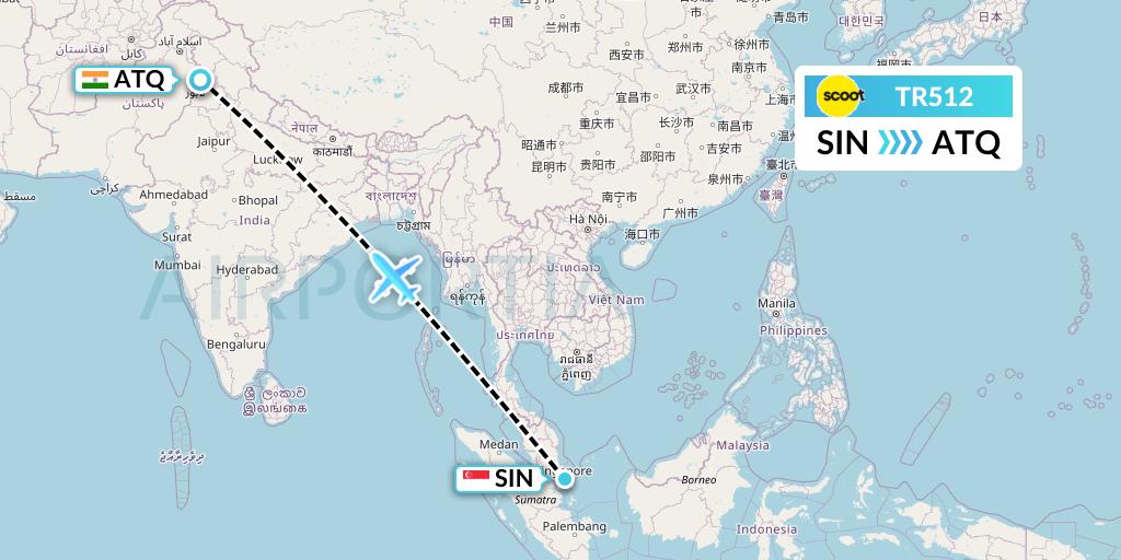 TR512 Tigerair Flight Map: Singapore to Amritsar