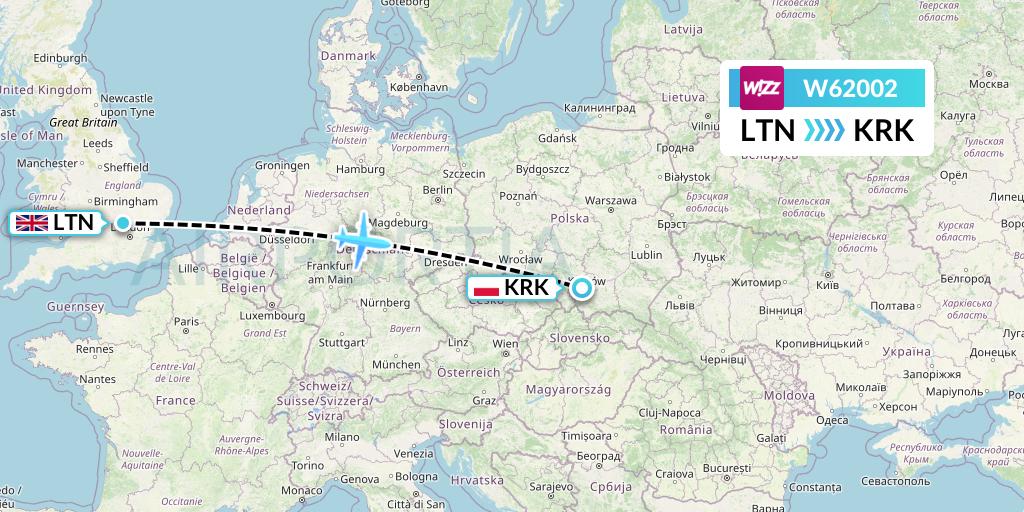 W62002 Wizz Air Flight Map: London to Krakow