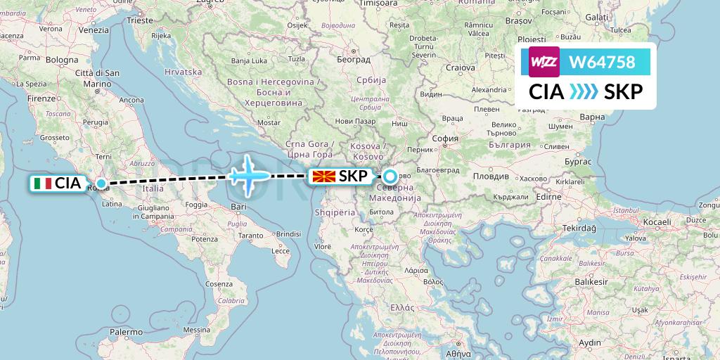 W64758 Wizz Air Flight Map: Rome to Skopje