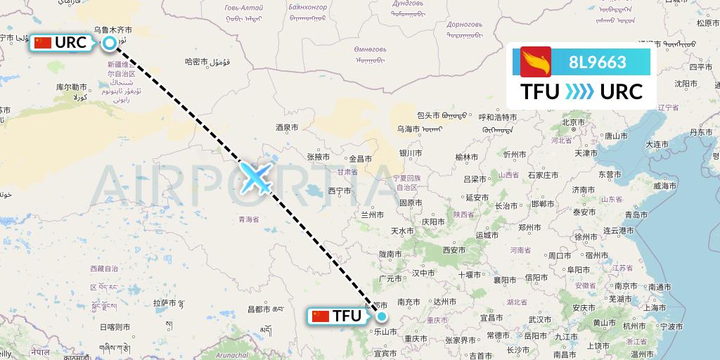 8L9663 Lucky Air Flight Map: Chengdu to Urumqi