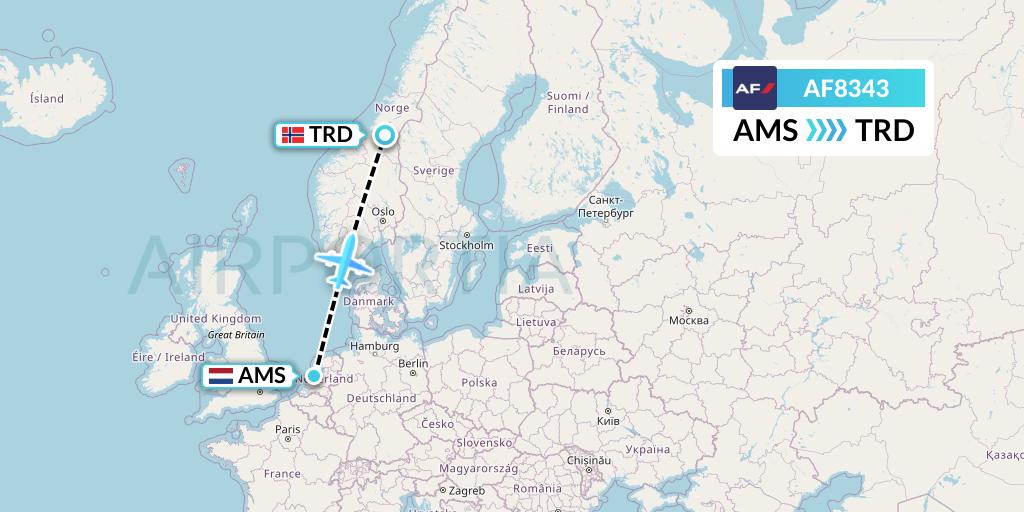 AF8343 Air France Flight Map: Amsterdam to Trondheim