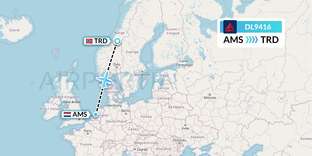 DL9416 Delta Air Lines Flight Map: Amsterdam to Trondheim