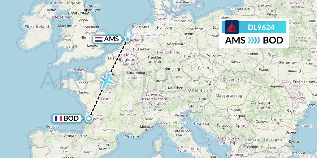 DL9624 Delta Air Lines Flight Map: Amsterdam to Bordeaux