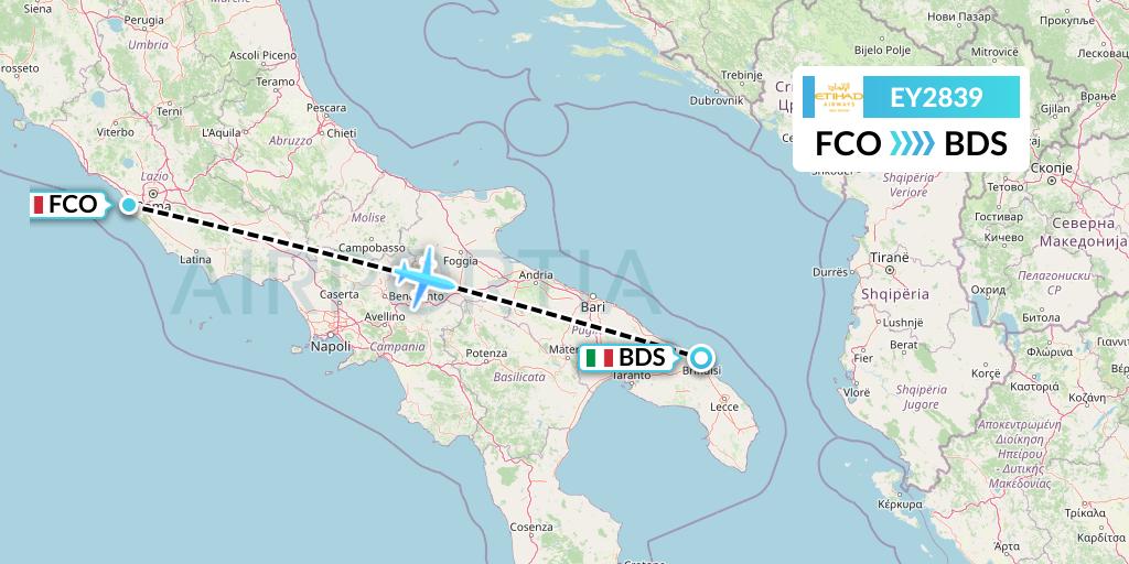 EY2839 Etihad Airways Flight Map: Rome to Brindisi