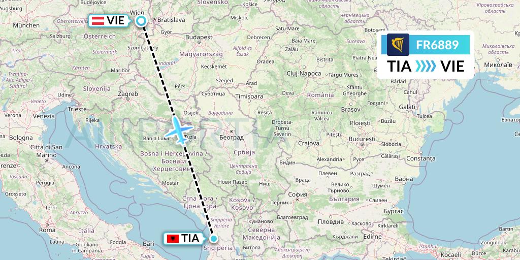 FR6889 Ryanair Flight Map: Tirana to Vienna