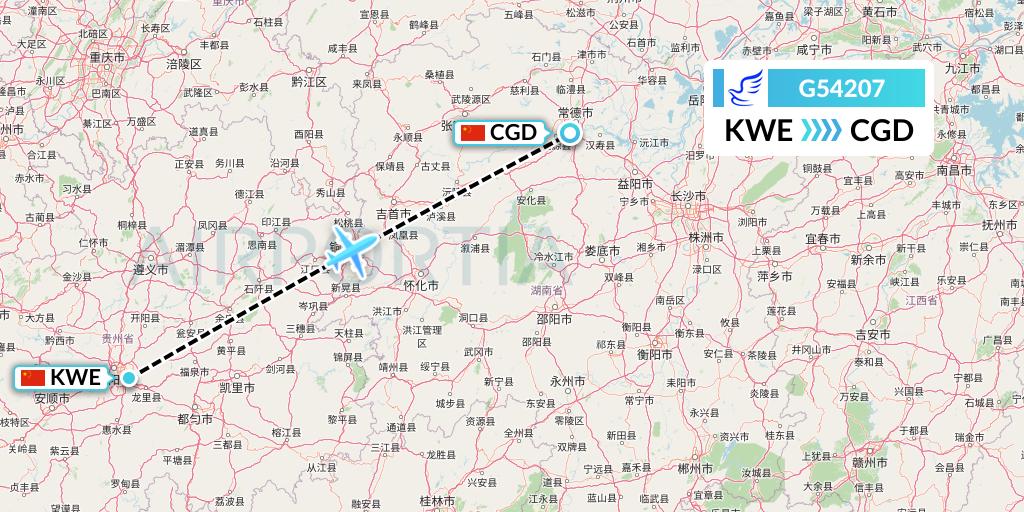 G54207 China Express Airlines Flight Map: Guiyang to Changde