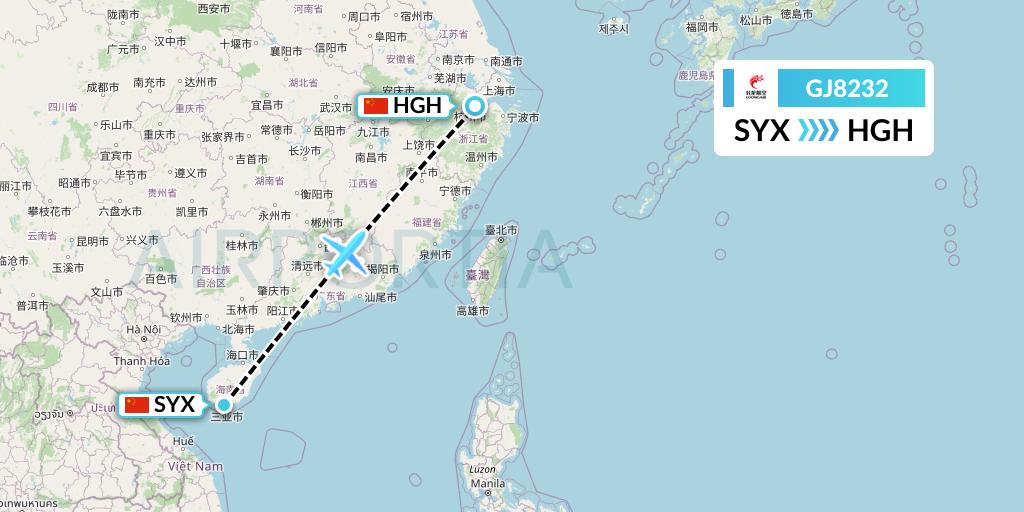 GJ8232 Loong Airlines Flight Map: Sanya to Hangzhou