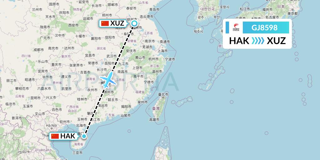 GJ8598 Loong Airlines Flight Map: Haikou to Xuzhou