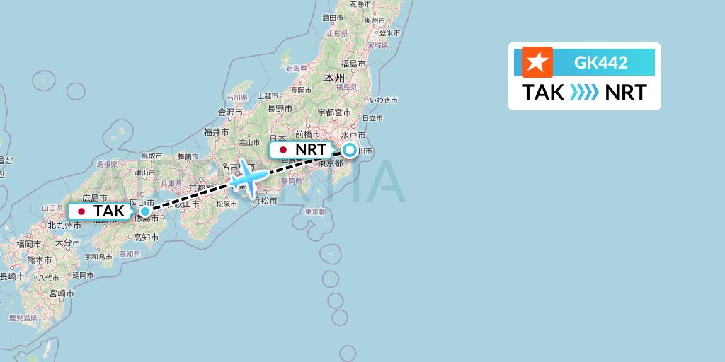 GK442 JetStar Japan Flight Map: Takamatsu to Tokyo