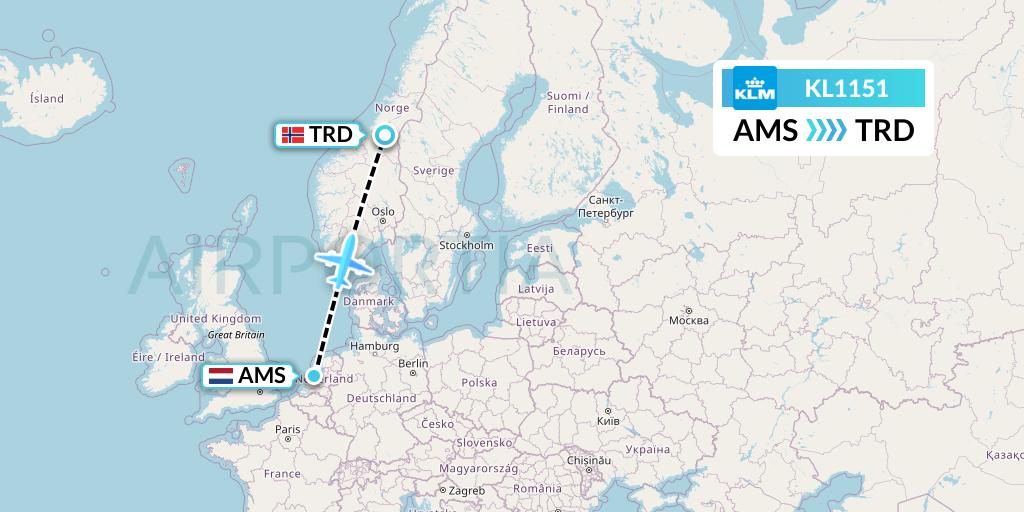 KL1151 KLM Flight Map: Amsterdam to Trondheim