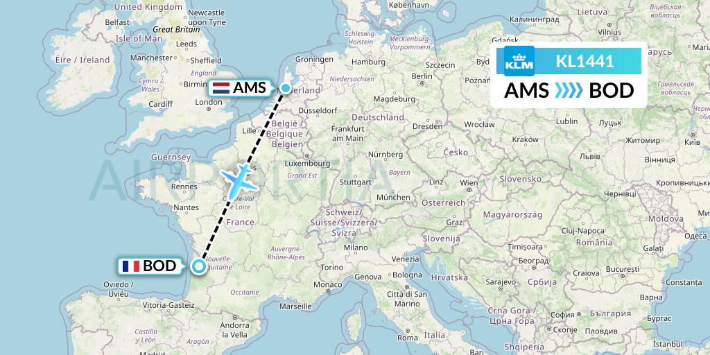 KL1441 KLM Flight Map: Amsterdam to Bordeaux