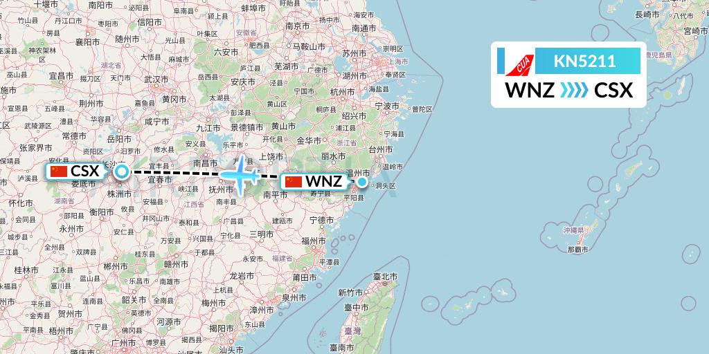 KN5211 China United Airlines Flight Map: Wenzhou to Changsha