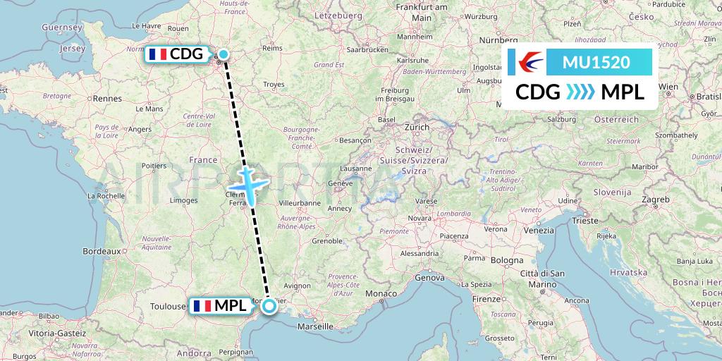 MU1520 China Eastern Airlines Flight Map: Paris to Montpellier
