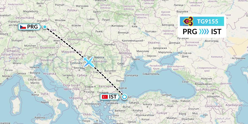 TG9155 Thai Airways Flight Map: Prague to Istanbul