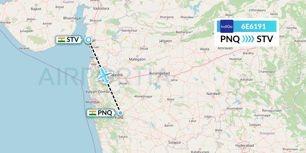 6E6191 IndiGo Airlines Flight Map: Pune to Surat