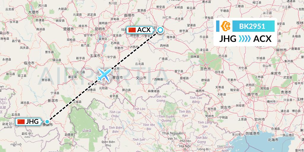 BK2951 Okay Airways Flight Map: Jinghong to Xingyi