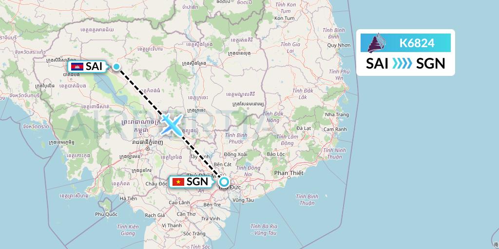 K6824 Cambodia Angkor Air Flight Map: Siem Reap to Ho Chi Minh City