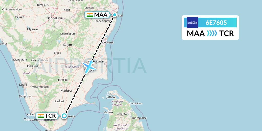 6E7605 IndiGo Airlines Flight Map: Chennai to Tuticorin