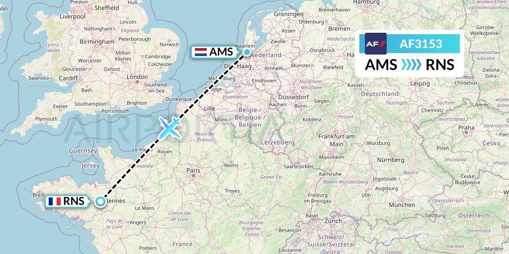 AF3153 Air France Flight Map: Amsterdam to Rennes