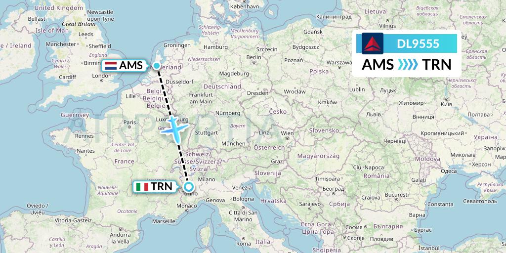 DL9555 Delta Air Lines Flight Map: Amsterdam to Turin