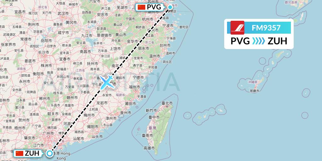 FM9357 Shanghai Airlines Flight Map: Shanghai to Zhuhai