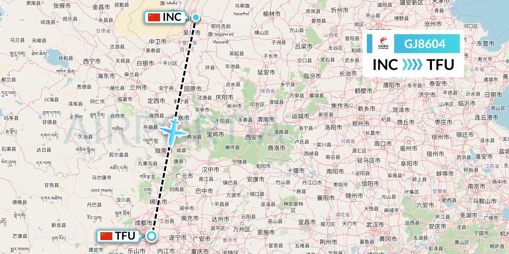 GJ8604 Loong Airlines Flight Map: Yinchuan to Chengdu