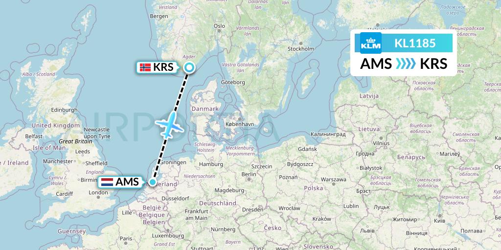 KL1185 KLM Flight Map: Amsterdam to Kristiansand