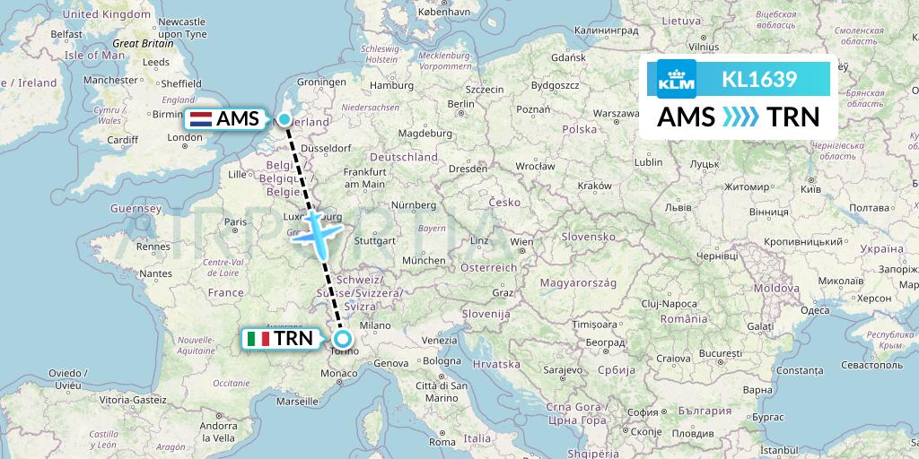 KL1639 KLM Flight Map: Amsterdam to Turin
